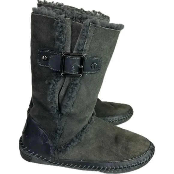 Tory Burch Moccasin Style Suede Shearling Boots with Buckles