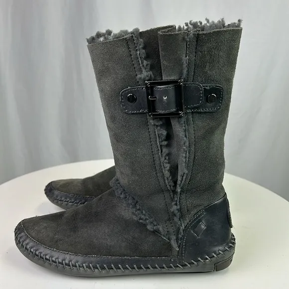 Tory Burch Moccasin Style Suede Shearling Boots with Buckles