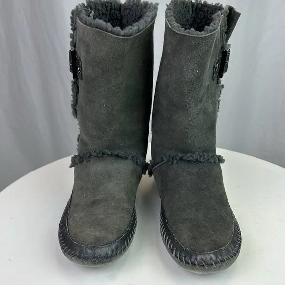 Tory Burch Moccasin Style Suede Shearling Boots with Buckles