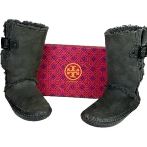Tory Burch Moccasin Style Suede Shearling Boots with Buckles