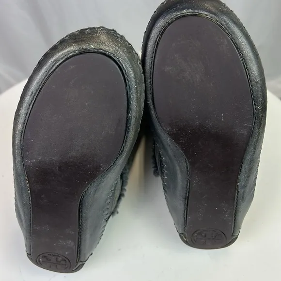 Tory Burch Moccasin Style Suede Shearling Boots with Buckles