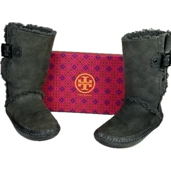 Tory Burch Moccasin Style Suede Shearling Boots with Buckles