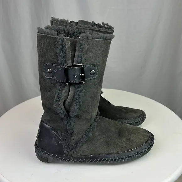 Tory Burch Moccasin Style Suede Shearling Boots with Buckles