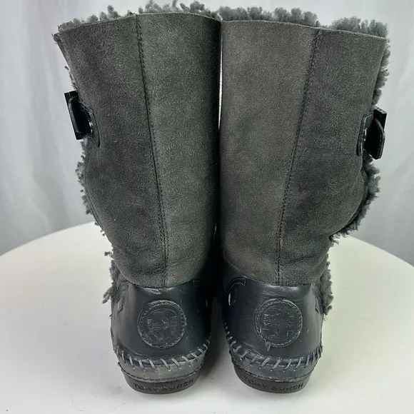 Tory Burch Moccasin Style Suede Shearling Boots with Buckles