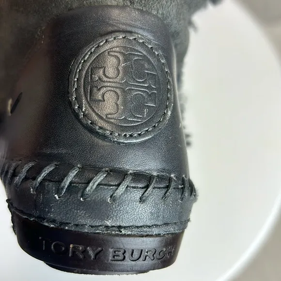 Tory Burch Moccasin Style Suede Shearling Boots with Buckles
