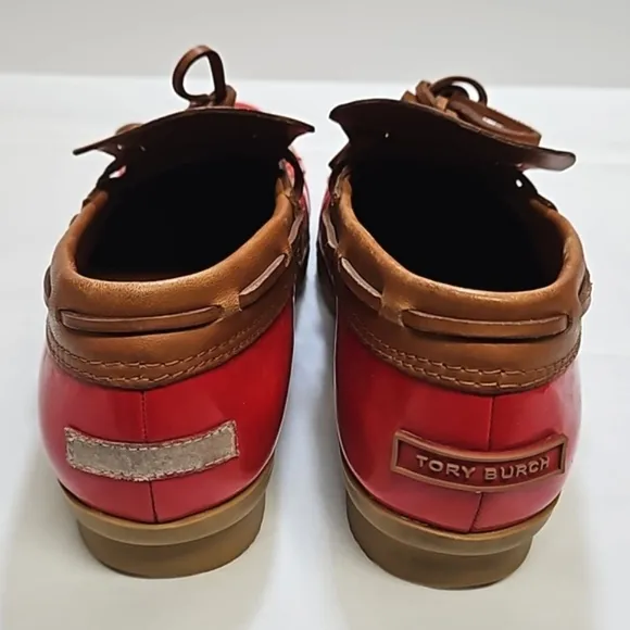 Tory burch red tan patent leather rain snow ankle boots women's 6.5
