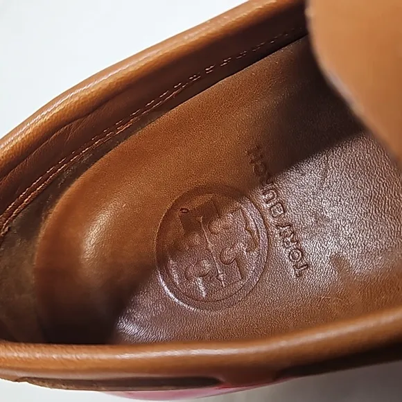 Tory burch red tan patent leather rain snow ankle boots women's 6.5