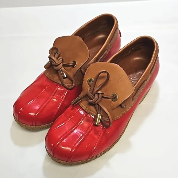 Tory burch red tan patent leather rain snow ankle boots women's 6.5