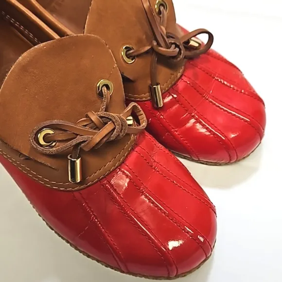 Tory burch red tan patent leather rain snow ankle boots women's 6.5