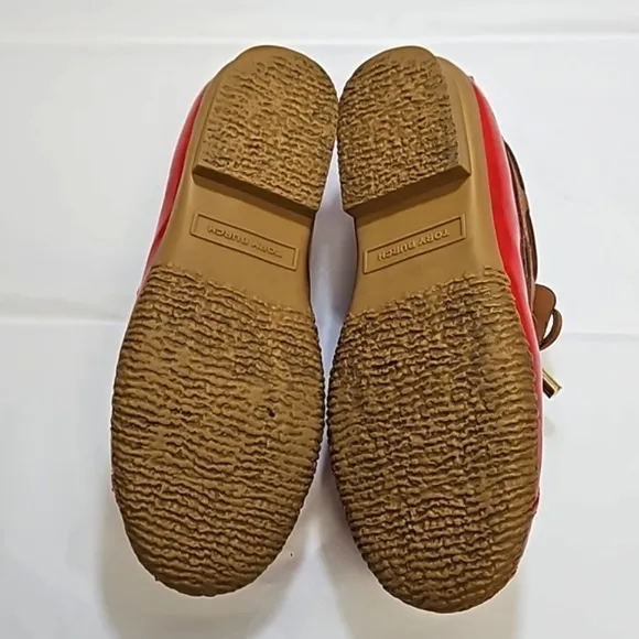 Tory burch red tan patent leather rain snow ankle boots women's 6.5