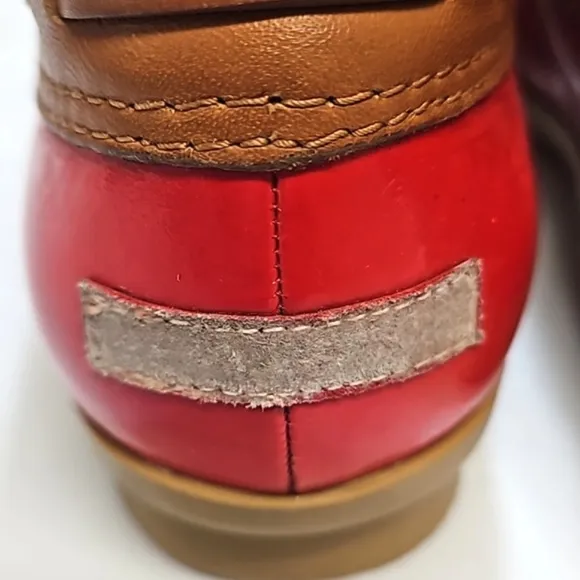 Tory burch red tan patent leather rain snow ankle boots women's 6.5
