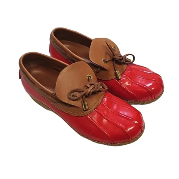 Tory burch red tan patent leather rain snow ankle boots women's 6.5