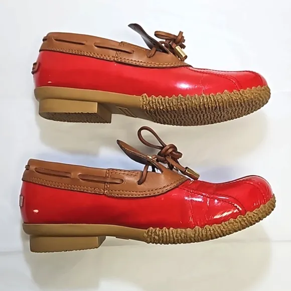 Tory burch red tan patent leather rain snow ankle boots women's 6.5