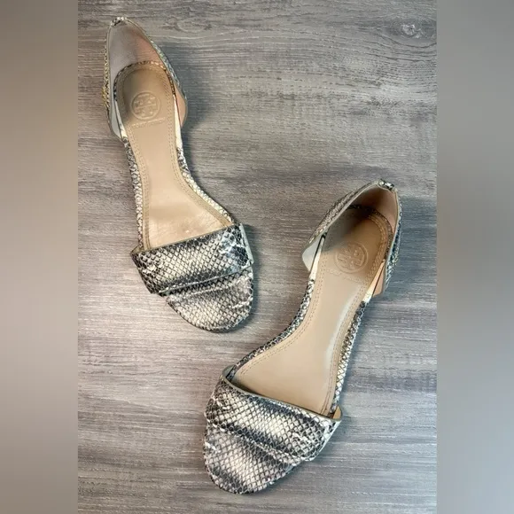 Tory Burch Savannah Snakeskin Python Open Toe Flats size 7.5