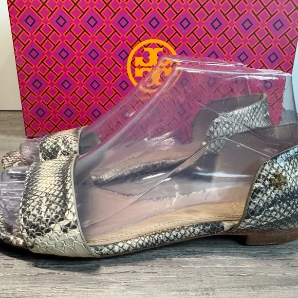 Tory Burch Savannah Snakeskin Python Open Toe Flats size 7.5