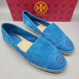 TORY BURCH Sz 9 women flats espadrille Blue Suede leather Cap toe new