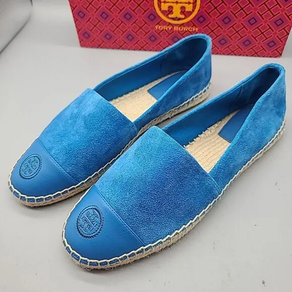 TORY BURCH Sz 9 women flats espadrille Blue Suede leather Cap toe new