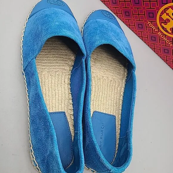 TORY BURCH Sz 9 women flats espadrille Blue Suede leather Cap toe new