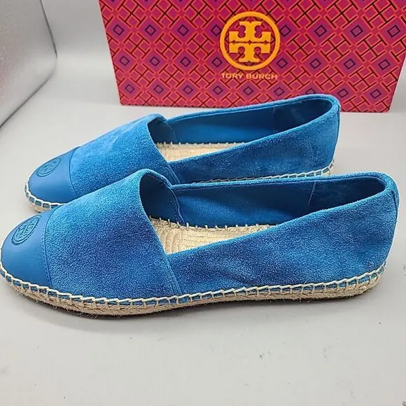 TORY BURCH Sz 9 women flats espadrille Blue Suede leather Cap toe new