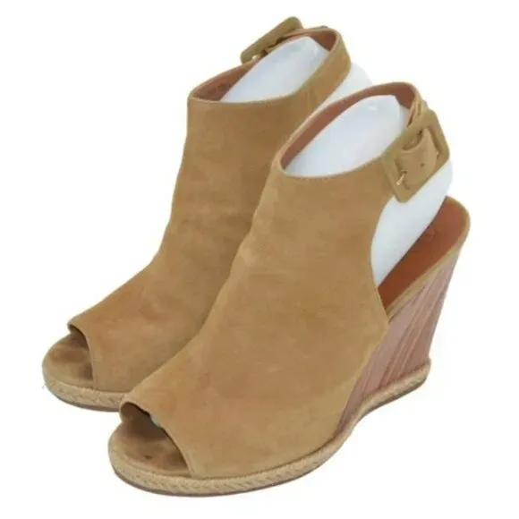 Tory Burch Tan Suede Leather Open Peep Toe Wood Wedge Slingback Heels Sandals 8