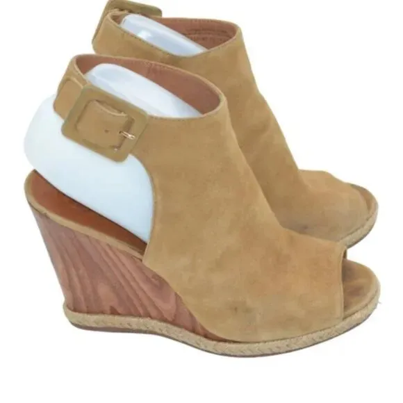 Tory Burch Tan Suede Leather Open Peep Toe Wood Wedge Slingback Heels Sandals 8