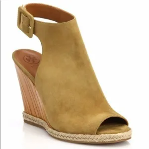 Tory Burch Tan Suede Leather Open Peep Toe Wood Wedge Slingback Heels Sandals 8