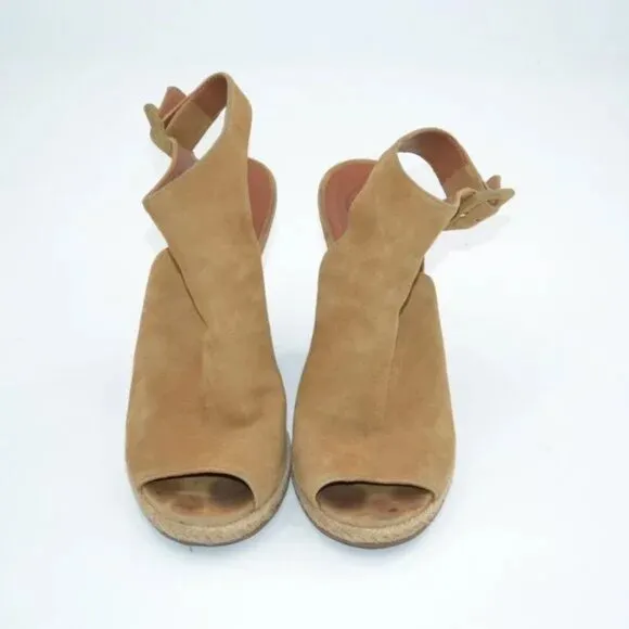 Tory Burch Tan Suede Leather Open Peep Toe Wood Wedge Slingback Heels Sandals 8