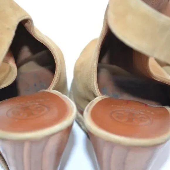 Tory Burch Tan Suede Leather Open Peep Toe Wood Wedge Slingback Heels Sandals 8