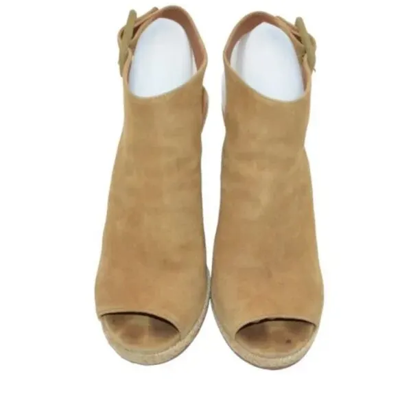 Tory Burch Tan Suede Leather Open Peep Toe Wood Wedge Slingback Heels Sandals 8