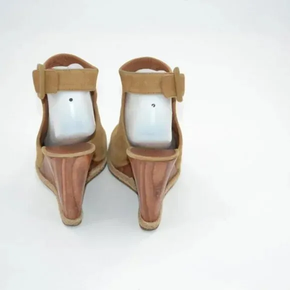 Tory Burch Tan Suede Leather Open Peep Toe Wood Wedge Slingback Heels Sandals 8