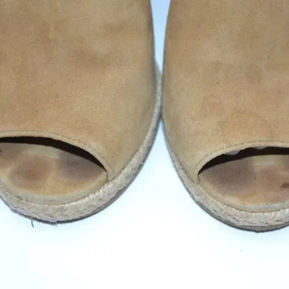Tory Burch Tan Suede Leather Open Peep Toe Wood Wedge Slingback Heels Sandals 8