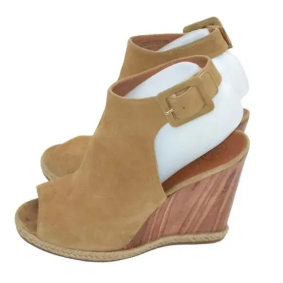 Tory Burch Tan Suede Leather Open Peep Toe Wood Wedge Slingback Heels Sandals 8