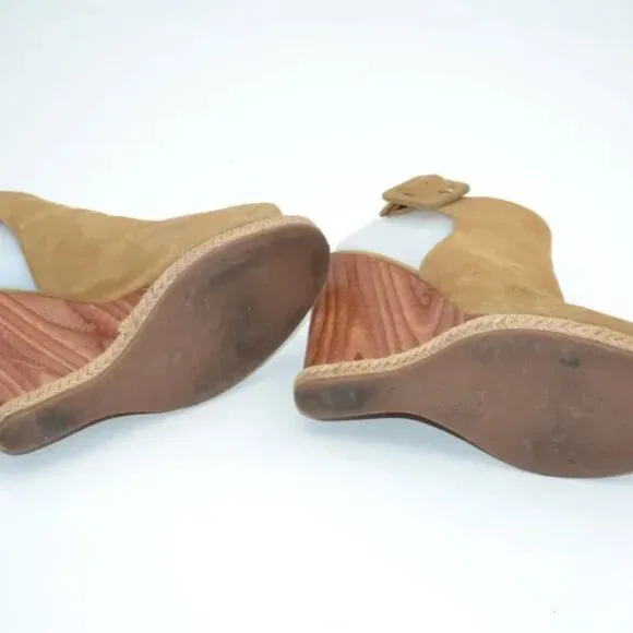 Tory Burch Tan Suede Leather Open Peep Toe Wood Wedge Slingback Heels Sandals 8
