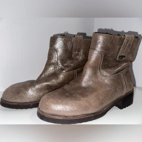 Tory Burch Wayland Ankle Boots Metallic Pewter Leather Lamb Shearling 10 M