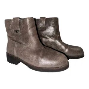 Tory Burch Wayland Ankle Boots Metallic Pewter Leather Lamb Shearling 10 M