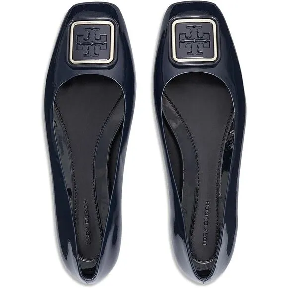 Tory Burch Womens Georgia Navy Patent Leather Square Toe Ballet Flats New
