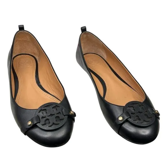Tory Burch Women’s Mini Miller Logo Black Leather Flats Size US 7.5