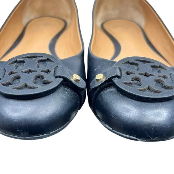Tory Burch Women’s Mini Miller Logo Black Leather Flats Size US 7.5