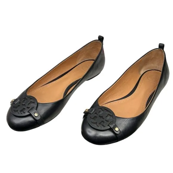 Tory Burch Women’s Mini Miller Logo Black Leather Flats Size US 7.5