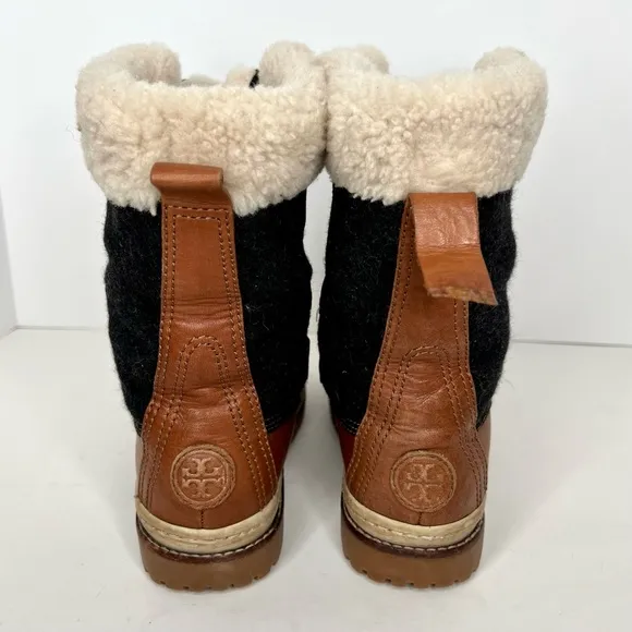 Tory Burch Wool Colorblock Pattern Lace Up Shearling Duck Boots
