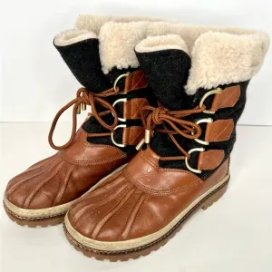 Tory Burch Wool Colorblock Pattern Lace Up Shearling Duck Boots