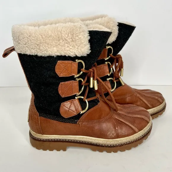 Tory Burch Wool Colorblock Pattern Lace Up Shearling Duck Boots