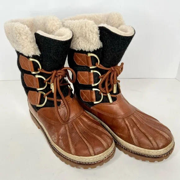Tory Burch Wool Colorblock Pattern Lace Up Shearling Duck Boots