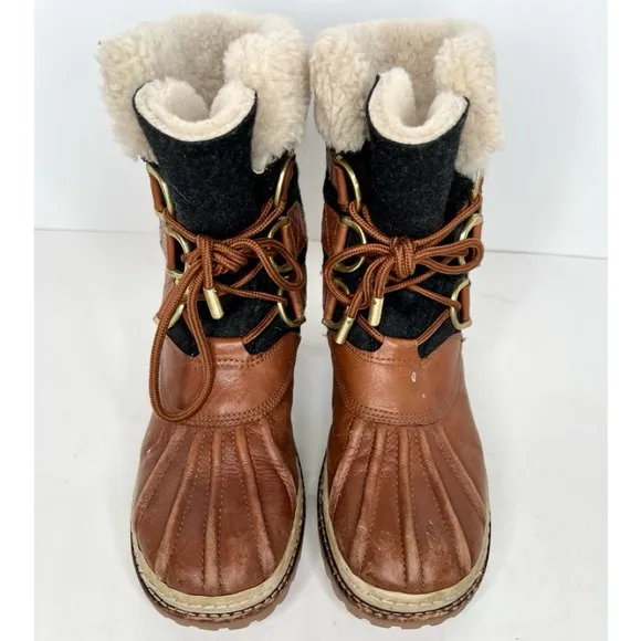 Tory Burch Wool Colorblock Pattern Lace Up Shearling Duck Boots