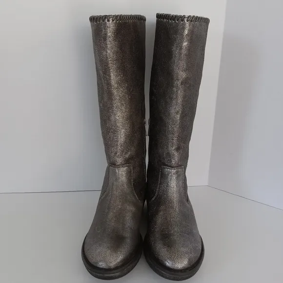 TRASK ARIANA Silver Shearling Lined Leather Boots Women's Size 7M