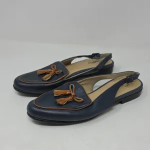 Trotters Blue and Tan Slingback Loafers with Bow Detail Size 8