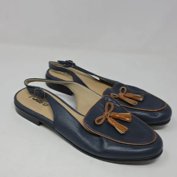Trotters Blue and Tan Slingback Loafers with Bow Detail Size 8
