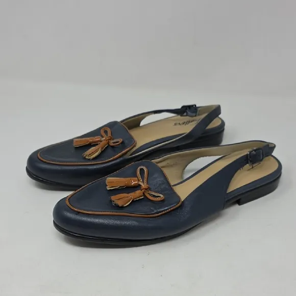 Trotters Blue and Tan Slingback Loafers with Bow Detail Size 8