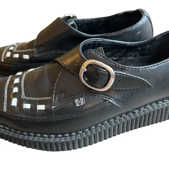 T.U.K Creepers Black and White Leather with Buckle Strap