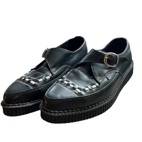 T.U.K Creepers Black and White Leather with Buckle Strap